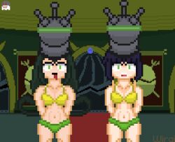  animated animated_gif bra breasts chicken_dance chicken_pose clapping dancing expressionless female_only femsub glowing glowing_eyes green_hair helmet hypnotic_accessory jimmy_neutron_(series) kyoka_jiro large_breasts long_hair multiple_girls multiple_subs my_hero_academia open_mouth panties pixel_art purple_hair remote_control short_hair shrunken_irises standing standing_at_attention tech_control tongue tongue_out tsuyu_asui underwear watermark wirai yolkian 