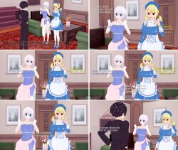  3d blonde_hair doll dollification dress empty_eyes expressionless fairy_tail femsub happy_trance headdress large_breasts lisanna_strauss lucy_heartfilia maid maid_headdress mannequin standing text trance_break white_hair yb1999 