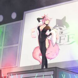  absurdres animal_ears bodysuit bow breasts choker cleavage corporatification crossover elesa eye_color_change fate/grand_order fate_(series) female_only femsub fox_ears fox_girl fox_tail gloves gojulas hair_color_change high_heels hip_vents koyanskaya large_breasts latex nintendo one_eye_open opera_gloves pink_hair pokemon pokemon_black_and_white_2 posing solo stage tail thighs tight_clothing transformation twinning yellow_eyes zipper 