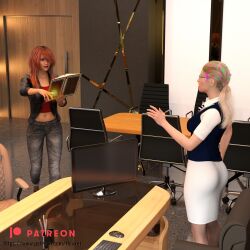  3d ass blonde_hair collarbone comic femdom femsub glasses happy_trance hexxet hypnotized_dom hypnotized_hypnotist jeans long_hair navel nicole_bolagona office_lady orange_hair red_lipstick skirt spell_book_shenanigans stacey_alcone surprised 