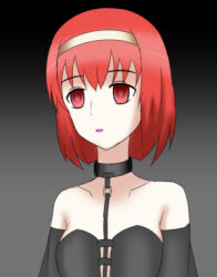  arm_warmers bare_shoulders choker clothed collarbone corruption degarashi empty_eyes eyebrows_visible_through_hair female_only femsub fire_emblem fire_emblem_mystery_of_the_emblem hair_band maria_(fire_emblem) nintendo red_eyes red_hair short_hair simple_background small_breasts solo standing_at_attention 