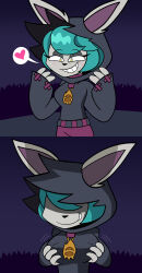  absurdres blep_(mattmiles1995) blush breast_fondling eye_color_change femsub furry green_eyes green_hair heart hood hoodie league_of_legends maledom multicolored_eyes no_eyes original possession short_hair speech_bubble tazi_phantom_(phantomtaz61286) vex_(league_of_legends) yellow_eyes yordle 