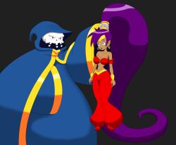  blue_eyes breasts cleavage clothed dark_skin earrings empty_eyes femsub genie hanging_down hypno_baron maledom megatronman midriff navel open_mouth ponytail purple_hair shantae shantae_(series) very_long_hair 
