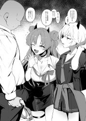 absurdres blue_archive blush bracelet breasts bulge choker cleavage dialogue erika_(blue_archive) faceless_male garter greyscale hair_buns halo horns japanese_text jewelry kirara_(blue_archive) large_breasts long_hair monochrome multiple_girls necklace one_eye_open ribbon school_uniform short_hair skirt small_breasts smile sweat text tie translated waku2kitchen wink 