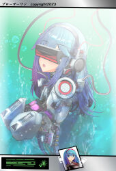  before_and_after blue_eyes blush broker_one cables corruption dazed female_only femsub headdress headphones long_hair monitor multicolored_hair open_mouth purple_hair restrained solo stasis_tank tech_control visor watermark wires 