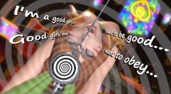  3d animal_ears arms_above_head bunny_ears bunnysuit cat_girl facial_markings female_only femsub final_fantasy final_fantasy_xiv miqo'te open_mouth orange_hair pendulum spiral_eyes text veylumskies 