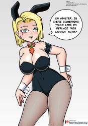  alternate_costume android_18 arm_bands bankaipacay blonde_hair blush breasts bunny_ears bunnysuit carrot choker cleavage cuffs dialogue dragon_ball dragon_ball_z fake_animal_ears fake_tail female_only femsub gradient_background hand_on_hip happy_trance large_breasts large_hips leaning_forward open_mouth pantyhose sexually_suggestive short_hair simulated_paizuri smile solo speech_bubble spiral_eyes standing symbol_in_eyes tattoo text unaware watermark 
