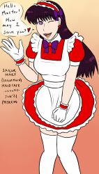  absurdres apron bangs bow bow_tie clothed dialogue earrings female_only femsub gloves gradient_background hair_ornament happy_trance kneehighs long_hair maid maid_headdress maledom one_eye_open open_mouth purple_eyes purple_hair ribbon sailor_mars sailor_moon_(series) simple_background smile solo spiral_eyes text thighhighs wink xxxx52 