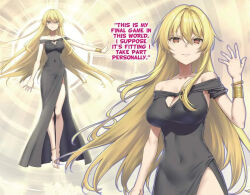 alternate_costume arifureta_shokugyou_de_sekai_saikyou artist_request bare_legs barefoot blonde_hair bracelet clothed control_indicator dress ehit_(arifureta) eye_color_change femsub glowing glowing_eyes halo legs maledom red_eyes slit_pupils thighs vampire very_long_hair yellow_eyes yue_(arifureta)