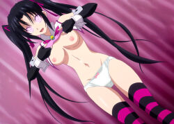 black_hair breasts breasts_outside female_only femsub gloves happy_trance high_school_dxd ivatent_(manipper) large_breasts long_hair manip navel nipples open_clothes open_mouth opera_gloves panties serafall_leviathan solo spiral_eyes symbol_in_eyes thighhighs twintails underwear undressing