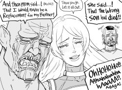 absurdres altered_perception assertive_sub aware baalbuddy beard blush claws collar denial dialogue earrings elf_ears english_text fangs femsub fishnets gloves greyscale happy_trance humor hypnotic_tattoo large_breasts monochrome multiple_boys multiple_doms nose_ring orc parody restrained scar shirt simple_background speech_bubble taimanin_(series) tattoo tears text turning_the_tables white_background