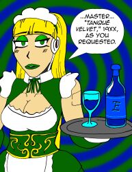  absurdres blonde_hair breasts empty_eyes expressionless green_eyes green_lipstick large_breasts lipstick long_hair maid maid_headdress original robot silver text trance_(silver) tray 