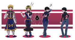 altered_common_sense before_and_after black_hair blonde_hair breasts comic cross erasethismail femsub genderswap glasses hunter_x_hunter krepluka_(hunter_x_hunter) pants shizuku_(hunter_x_hunter) short_hair sweater text transformation transgender