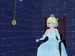  3d animated animated_gif bare_shoulders blonde_hair bow chair cleavage collar crown cuffs dress female_only femsub koikatsu! latina liz_(liz_b) liz_b lunastra mole orange_eyes original pendulum princess restrained short_hair sitting spiral swaying 