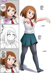  border brown_hair dialogue empty_eyes english_text expressionless femsub hitoshi_shinso hypnotized_walking maledom maozi_dan my_hero_academia ochaco_uraraka phone phone_call school_uniform short_hair text zombie_walk 