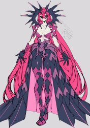  alear_(fire_emblem) alternate_costume black_sclera breasts cleavage cosplay expressionless femsub fire_emblem fire_emblem_engage gloves grey_background horns large_breasts long_hair maledom nintendo nokista_22 opera_gloves possession red_eyes red_hair sombron_(fire_emblem) standing 