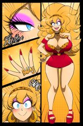  bimbofication black_hair blonde_hair blue_eyes bra brain_drain breast_expansion comic dress earrings empty_eyes eyeshadow glasses hair_band happy_trance high_heels kobi94 large_breasts makeup nail_polish short_skirt text toenail_polish transformation twilight_house unaware 