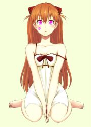 asuka_langley_soryu bare_shoulders barefoot blush clothed feet female_only femsub glowing glowing_eyes hypnotic_kiss kissing kneeling lipstick_mark long_hair manip mkt neon_genesis_evangelion nightgown open_mouth pink_eyes red_hair sleepyhead97_(manipper) twintails