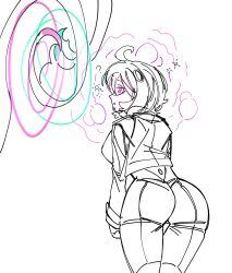 absurdres ahoge ass bodysuit coat confused dazed drool emma_(pokemon) femsub from_behind hair_ornament hey_johnson00 malamar mega_malamar monochrome nintendo open_mouth pink_eyes pokemon pokemon_(creature) pokemon_legends_z-a short_hair simple_background tentacles white_background