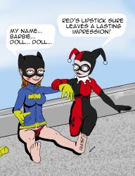  barbara_gordon barefoot batgirl dc_comics dollification feet foot_focus harley_quinn isankura kissing lipstick super_hero 