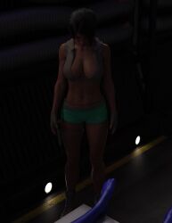 3d abs bare_shoulders belt black_hair boots breasts cleavage collarbone expressionless female_only femsub fingerless_gloves gloves huge_breasts member9 original shorts sleeping solo standing standing_at_attention sydney_colburn tech_control