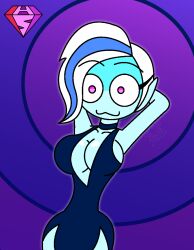  aged_up alternate_costume androgynous_dom arms_above_head blue_background blue_skin choker cleavage collarbone dress eyebrows_visible_through_hair femsub ghost ghost_girl happy_trance hourglass_figure hypnoscream large_breasts multicolored_hair phantasma_phantom pink_eyes pov_dom ring_background scooby-doo_(series) scooby-doo_and_the_ghoul_school shrunken_irises smile solo wide_hips 