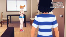  angry ash_ketchum aware black_hair clothed clothed_exposure covering dialogue embarrassed jean_shorts misty mustardsauce orange_hair pokemon pokemon_(anime) suspenders text underboob 