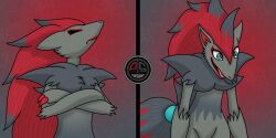  before_and_after female_only femsub furry happy_trance long_hair multicolored_hair nintendo open_mouth ordeper_arts pokemon pokemon_(creature) red_hair spiral_eyes symbol_in_eyes tongue tongue_out zoroark 