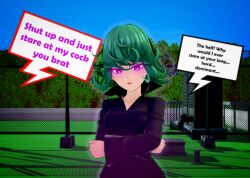  3d clothed dialogue english_text femsub green_hair heart heart_eyes hypnotic_penis koifish maledom one_punch_man resisting symbol_in_eyes tatsumaki_(one_punch_man) text weak_resistance 