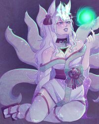  ahri_(league_of_legends) alternate_costume aura blue_lipstick body_markings breasts cleavage control_indicator crown eye_color_change femsub hair_color_change kitsune_girl kneeling large_breasts league_of_legends lipstick long_hair magic makeup maledom multiple_tails nail_polish orb pale_skin possession ruination sitting smile sparkle thighs vadi viego_(league_of_legends) white_hair 