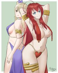  ahoge arm_bands ass bare_legs bare_shoulders blonde_hair breasts eroborne fairy_tail femsub hair_ribbon happy_trance harem_outfit heart_eyes heart_tattoo high_school_dxd large_breasts long_hair lucy_heartfilia navel red_hair rias_gremory smile symbol_in_eyes thick_thighs tongue 