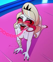 blonde_hair chains charlie_(hazbin_hotel) doggy_style female_only femsub hazbin_hotel pet_play tongue_out white_skin