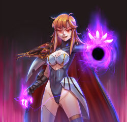 alternate_costume aura blush breasts cape chris_(langrisser) cleavage corruption evil_smile female_only femsub glowing glowing_eyes happy_trance langrisser leebigtree leotard long_hair magic orange_hair red_eyes smile thighhighs thighs