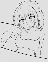 boui crystal_(zko) drool eyelashes femsub large_breasts lineart monochrome open_mouth original ponytail spiral_eyes