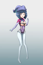  absurdres alternate_costume blue_eyes blue_hair blush bodysuit breasts cameltoe cleavage corruption corset cosplay empty_eyes evelyn_(pokemon) female_only gloves hat high_heels looking_at_viewer malamar_outfit nasukama73 nintendo opera_gloves pokemon pokemon_x_and_y short_hair short_skirt simple_background smile solo 