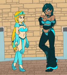  bikini_armor blonde_hair blue_eyes blue_hair empty_eyes female_only femdom femsub long_hair mythkaz original standing standing_at_attention tagme 