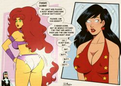 black_hair cleavage comic dc_comics donna_troy drool earrings female_only femdom femsub green_eyes hypnotic_ass long_hair nipple_penetration nipples polmanning red_hair red_lipstick speech_bubble spiral_eyes starfire text