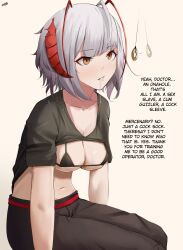 antenna arknights breasts cleavage dialogue drool empty_eyes english_text eroborne expressionless eyelashes femsub grey_hair horns kneeling navel pants pendulum short_hair signature simple_background sitting text underwear undressing w_(arknights)