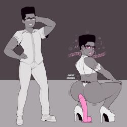 ass_expansion before_and_after bikini_bottom black_hair crossdressing dancing dark_skin dazed dildo earrings feminization glasses glowing glowing_eyes happy_trance headphones high_heels humiliation hypnotic_audio hypnotic_music jamesab jewelry lipstick male_only malesub original sex_toy simple_background solo spiral squatting standing