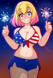  alternate_costume bare_legs bikini_top blonde_hair blue_eyes breasts cleavage collarbone disguised_hypnotist empty_eyes eyebrows_visible_through_hair female_only femsub fireworks flag_bikini fourth_of_july gradient_background gwen_poole gwenpool happy_trance heterochromia jean_shorts large_breasts marvel_comics navel red_eyes short_hair short_shorts shorts smile solo sparkle standing tagme 