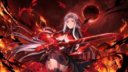 black_sclera corruption eye_color_change femsub game_cg gamma_(the_eminence_in_shadow) glowing_eyes hair_color_change long_hair looking_at_viewer official red_eyes smile the_eminence_in_shadow white_hair