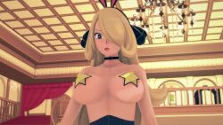 aware blonde_hair bottomless bouncing_breasts breast_expansion breasts bunny_ears choker clothed clothed_exposure cynthia female_only grey_eyes hair_covering_one_eye mustardsauce necklace nintendo nude pasties pokemon pokemon_(anime) solo star_pasties topless