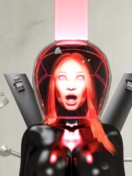  3d blonde_hair bodysuit breasts chair corruption dazed female_only femsub glowing helmet latex long_hair mindbotting open_mouth original rubber see-through shrunken_irises solo tech_control tight_clothing 