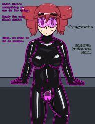  aware bangs bodysuit breasts bulge chubby collarbone drill_hair drone eyebrows_visible_through_hair female_only femsub glowing happy_trance latex long_hair looking_at_viewer null_bulge original purple_eyes red_hair self_hypnosis smile solo spiral tech_control teto_kasane text tight_clothing trance_delightful transfem transgender_identity utau visor vocaloid wholesome yuri 