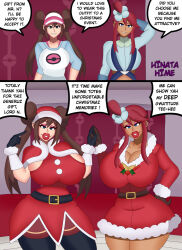  alternate_costume bangs before_and_after belt bimbofication blue_eyes brain_drain breast_expansion breasts brown_hair christmas cleavage dialogue dress eyelashes eyeshadow female_only femsub gloves hair_buns hand_on_hip hat hinata-hime holding_hands huge_breasts large_breasts large_hips large_lips leggings lipstick makeup multiple_girls multiple_subs nintendo pokemon pokemon_black_and_white pokemon_black_and_white_2 pokemon_masters red_hair red_lipstick rosa_(pokemon) skyla smile tan_skin text thick_thighs transformation wide_hips 