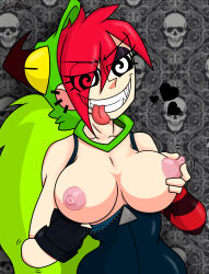 breasts demencia frostbyte_(manipper) manip red_hair smile spiral_eyes symbol_in_eyes tongue tongue_out topless villainous