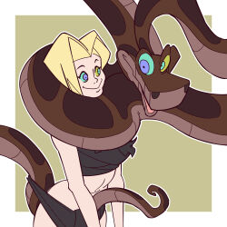  android_18 blonde_hair clothed coils disney dragon_ball dragon_ball_super dragon_ball_z ef-nsfw femsub happy_trance kaa kaa_eyes leaning_forward loincloth maledom short_hair smile snake tail the_jungle_book 