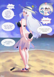 absurdres age_progression ass ass_expansion bare_shoulders beach blue_archive breast_expansion closed_eyes collarbone dialogue embarrassed english_text erect_nipples erect_nipples_under_clothes eyebrows_visible_through_hair femsub growth hair_growth hair_ornament halo hat hypnotic_drink long_hair looking_at_viewer looking_back memory_alteration midriff milf miyako_(blue_archive) miyu_(blue_archive) moe_(blue_archive) mporci_tsf multiple_girls navel nipples one-piece_swimsuit open_mouth ribbon saki_(blue_archive) sandals self_hypnosis shrunken_irises signature skirt speech_bubble swimsuit text thighs torn_clothes transformation unaware white_hair wholesome