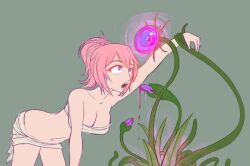  bandage bent_over breasts cleavage crystal_(zko) female_only femsub glowing hypnotic_plant navel open_mouth original pink_hair plant ponytail restrained simple_background solo tagme zko 