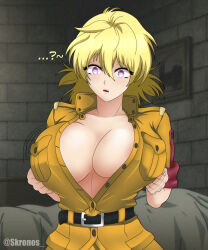  absurdres bangs blonde_hair breast_expansion breast_grab breasts collarbone empty_eyes expressionless female_only femsub hellsing kronobas28 military_uniform mind_break pink_eyes purple_eyes seras_victoria short_hair solo vampire 